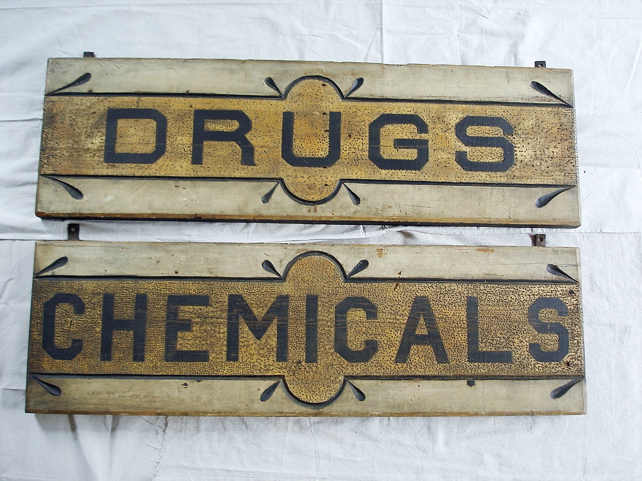 PAIR OF WOODEN CARVED DRUG STORE SIGNS