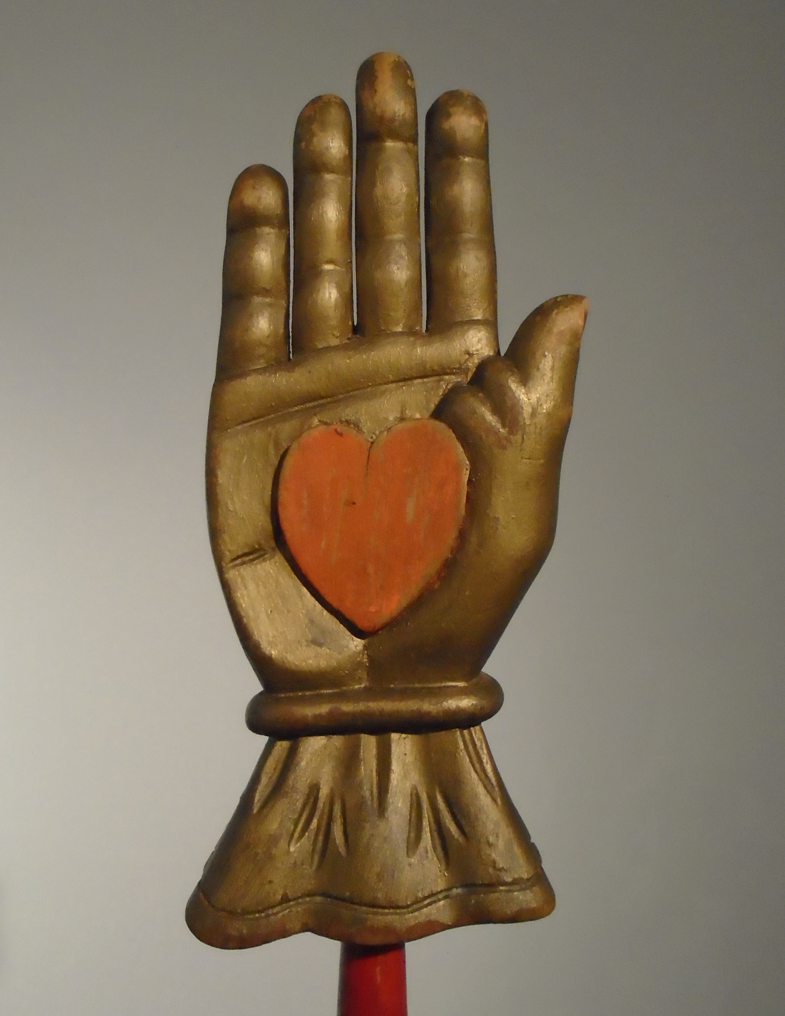 CARVED WOOD HEART IN HAND LODGE STAFF