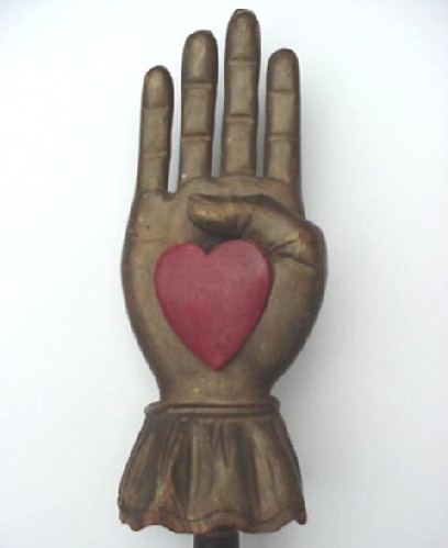 WOODEN CARVED HEART IN HAND STAFF