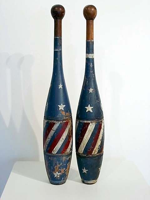 PAIR OF INDIAN CLUBS-RED-WHITE&BLUE