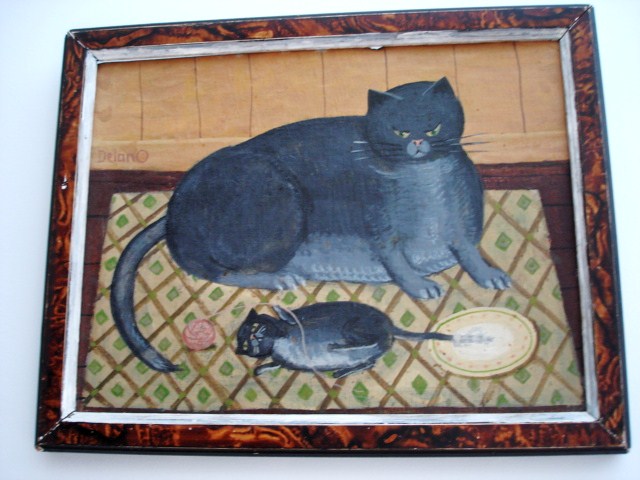 GREY CAT AND KITTY ON RUG -SIGNED