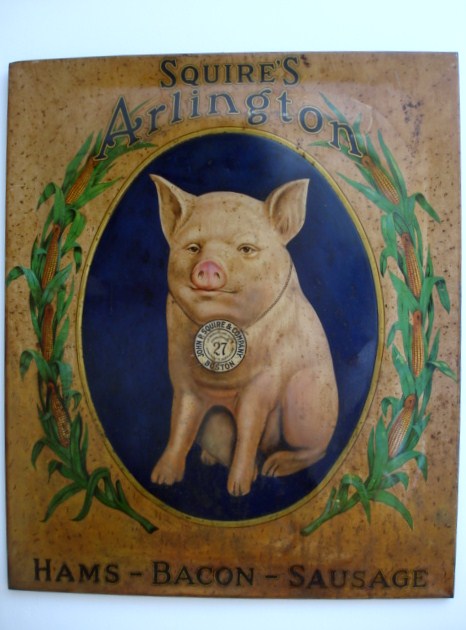 UNIQUE TIN SIGN OF SQUIRES PIG BOSTON