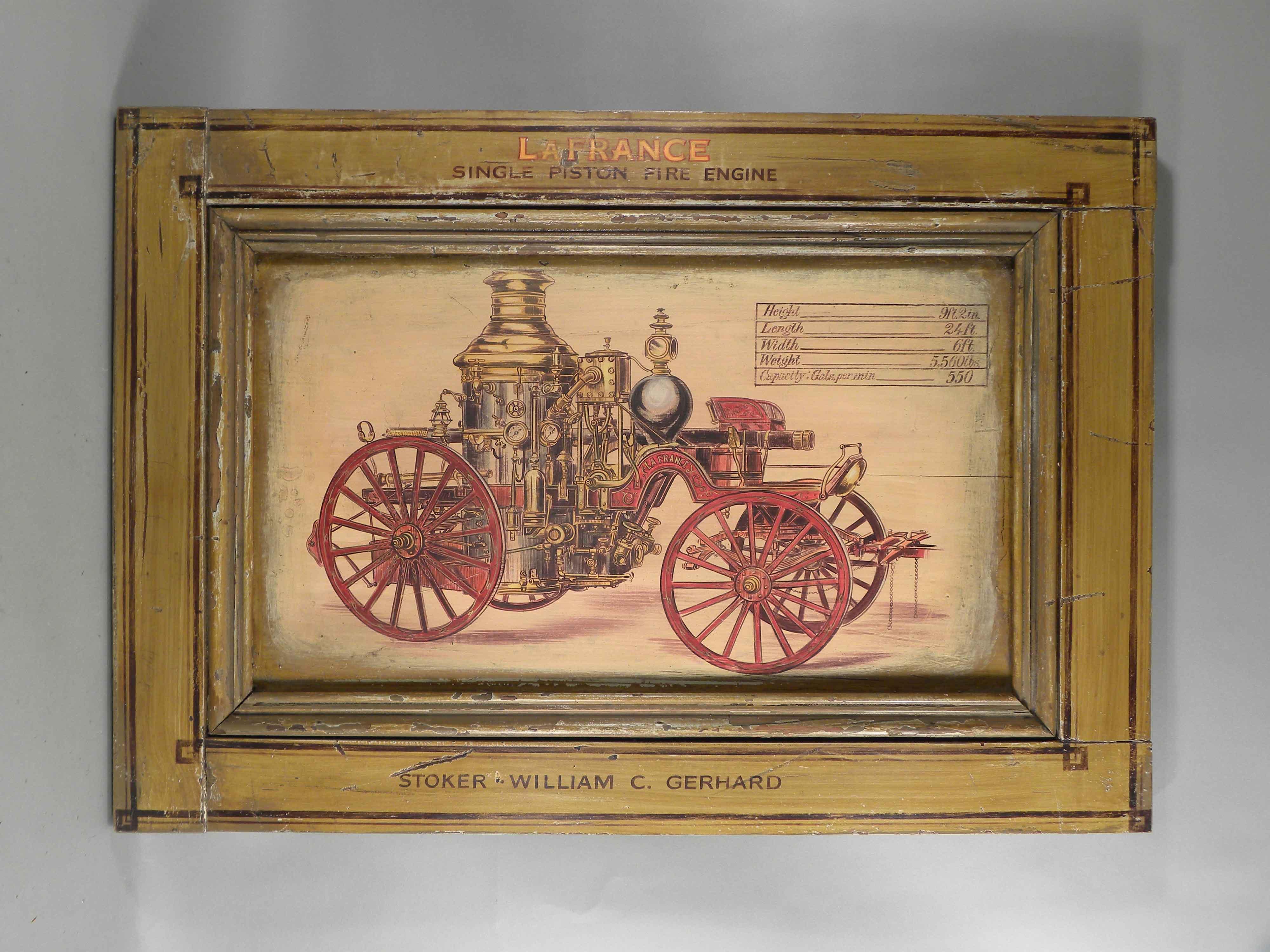 LEFRANCE FIRE ENGINE PAINTING ON PANEL